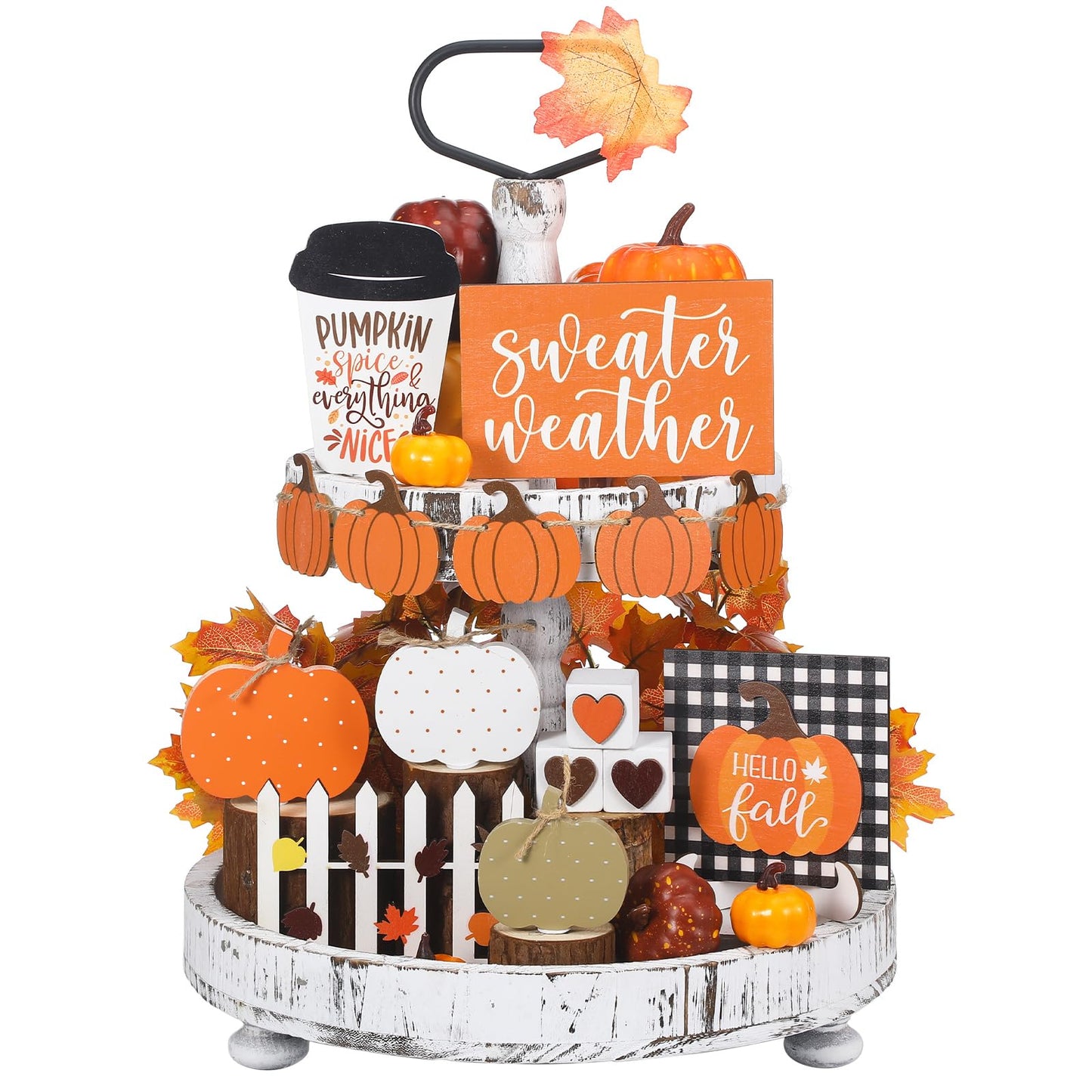 Sumind 15 Pcs Thanksgiving Tiered Tray Decor Set Fall Decorations for Home Autumn Wood Signs Thanksgiving Orange Brown Table Signs Farmhouse Wooden Maple Pumpkin Gnomes Tabletop for Festival(Pumpkin)