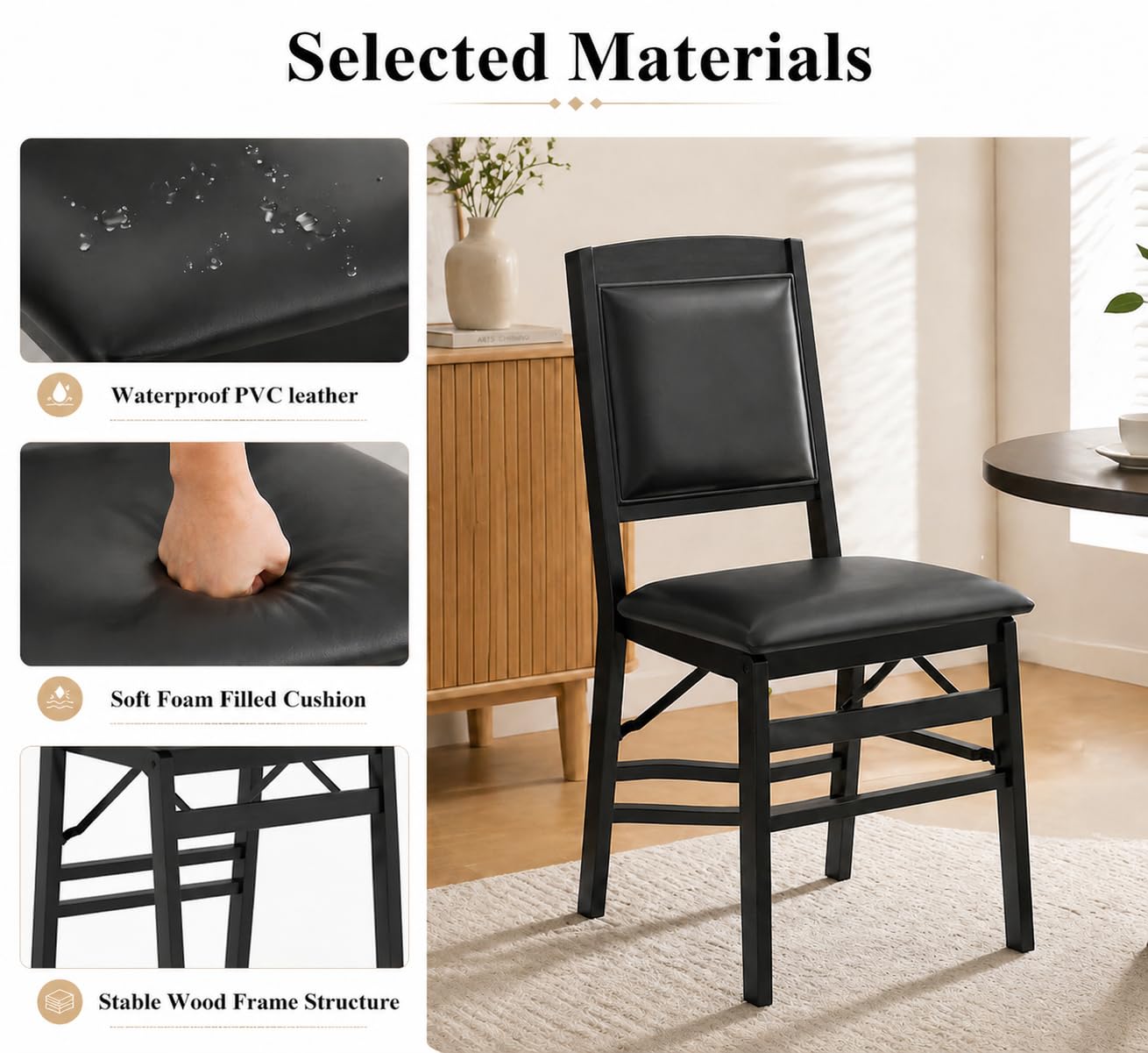 POWERSTONE Folding Chairs Set of 4 with Padded Seat, Foldable Kitchen Dining Chair with Solid Wood Frame, No Assembly Space Saving Design for Home Living Room Small Space (4, Black)
