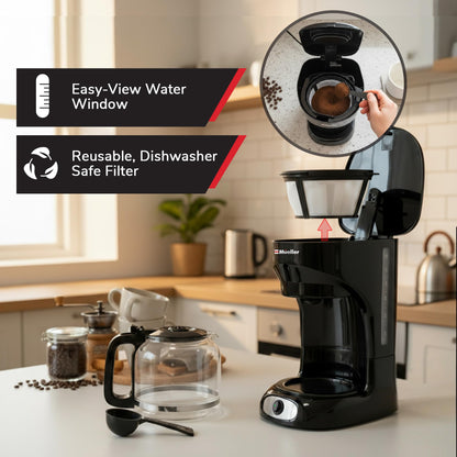 Mueller 12-Cup Drip Coffee Maker - Borosilicate Carafe, Auto-Off, Reusable Filter, Anti-Drip, Keep-Warm Function, Clear Water Level Window Coffee Machine, Kitchen Essentials & Accessories