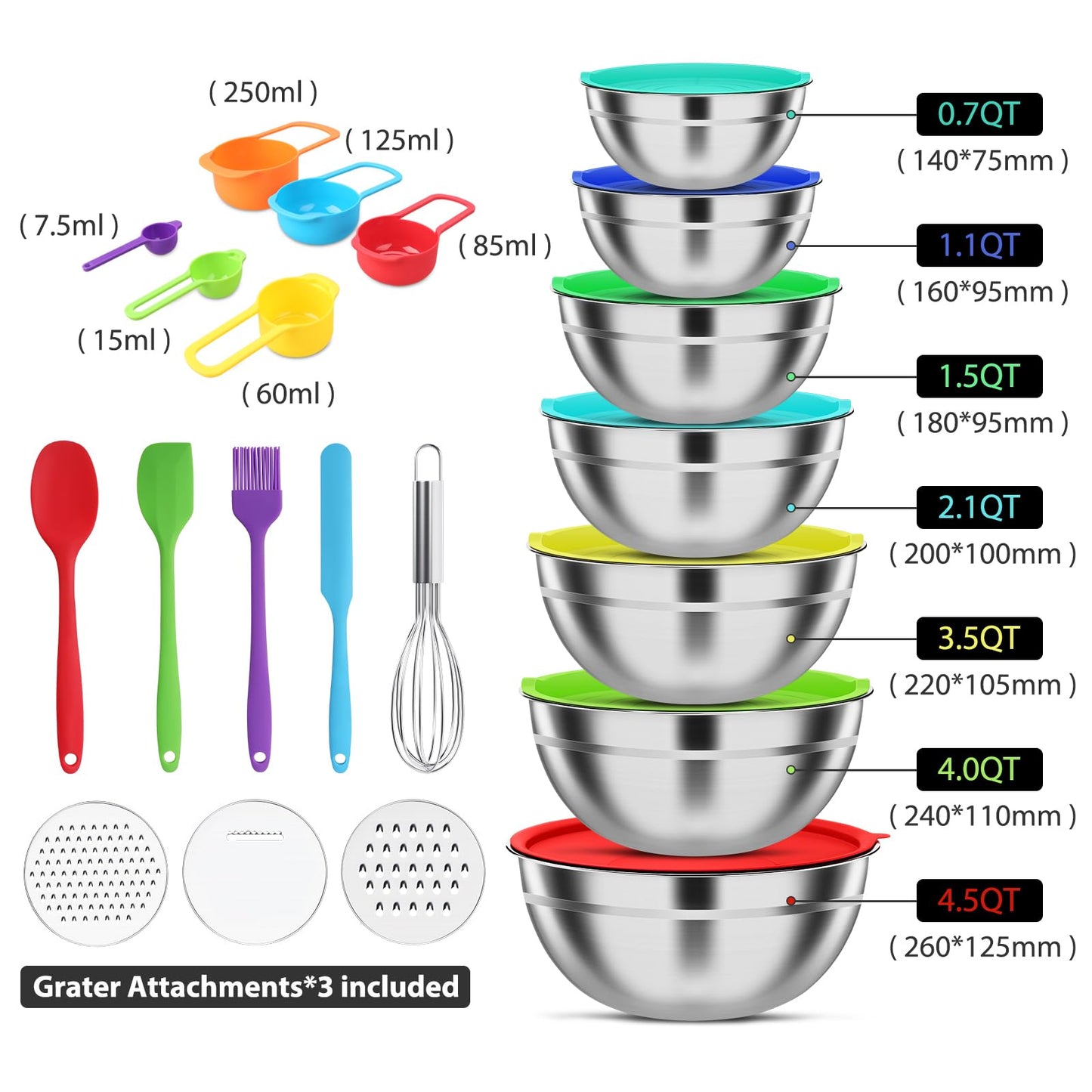 ENVTEK Mixing Bowls with Lids Set, 7 PCS Stainless Steel Mixing Bowls with 3 Grater Attachments, Size 4.5, 4, 3.5, 2.1, 1.5, 1.1, 0.7QT, Ideal for Kitchen Cooking Baking & Serving