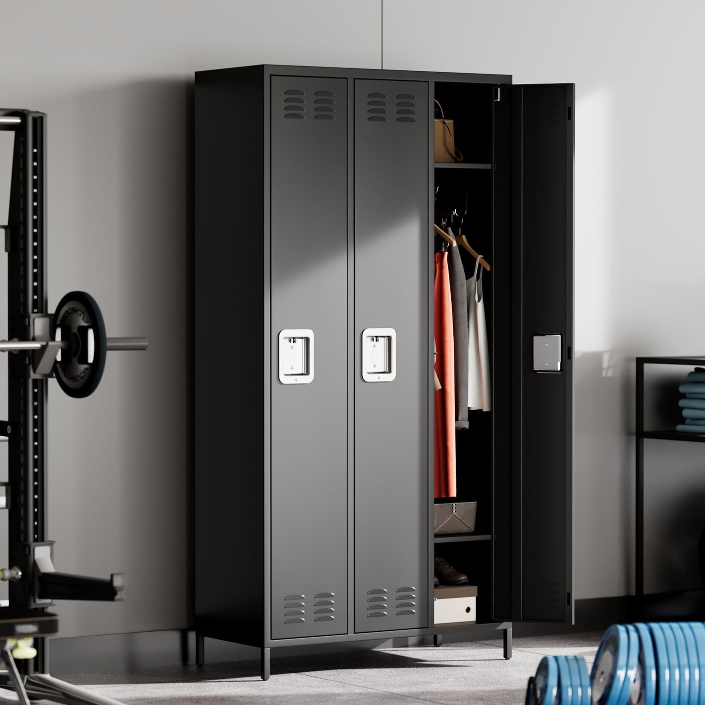 IDEALHOUSE 3 Doors Steel Storage, Metal Locker for School Office Gym Bedroom, 72 Inch Locker Cabinet for Employees,Industrial Storage Locker with 3 Shelves, Assembly Required, Black