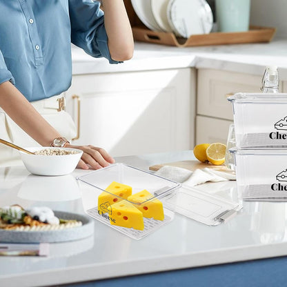 Yomjarl 3 Pack Cheese Container Airtight with Draining Basket Cream Block Cheese Sliced Cheeses Box with Lid Saver