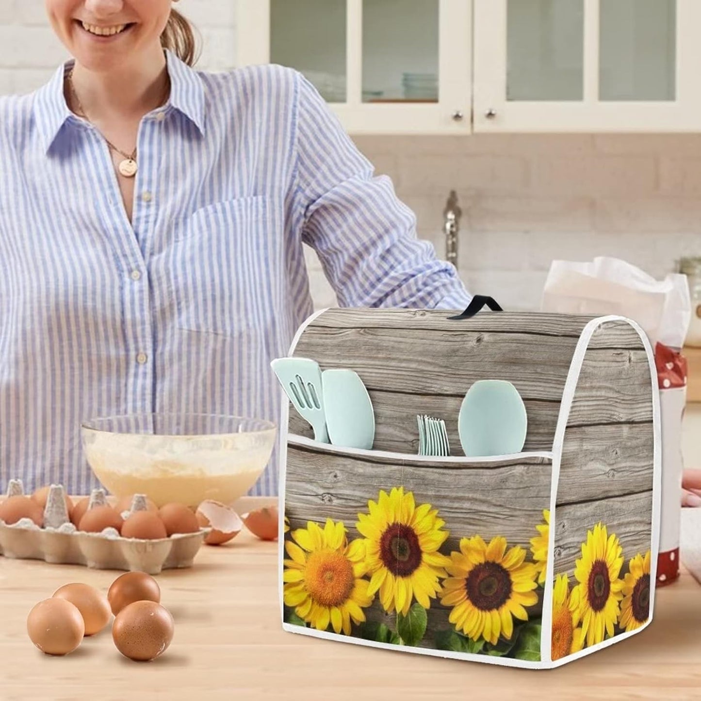 Cute Sunflower Stand Mixer Cover, Compatible with Kitchen Aid Mixer, Dustproof Covers with Accessories Pockets