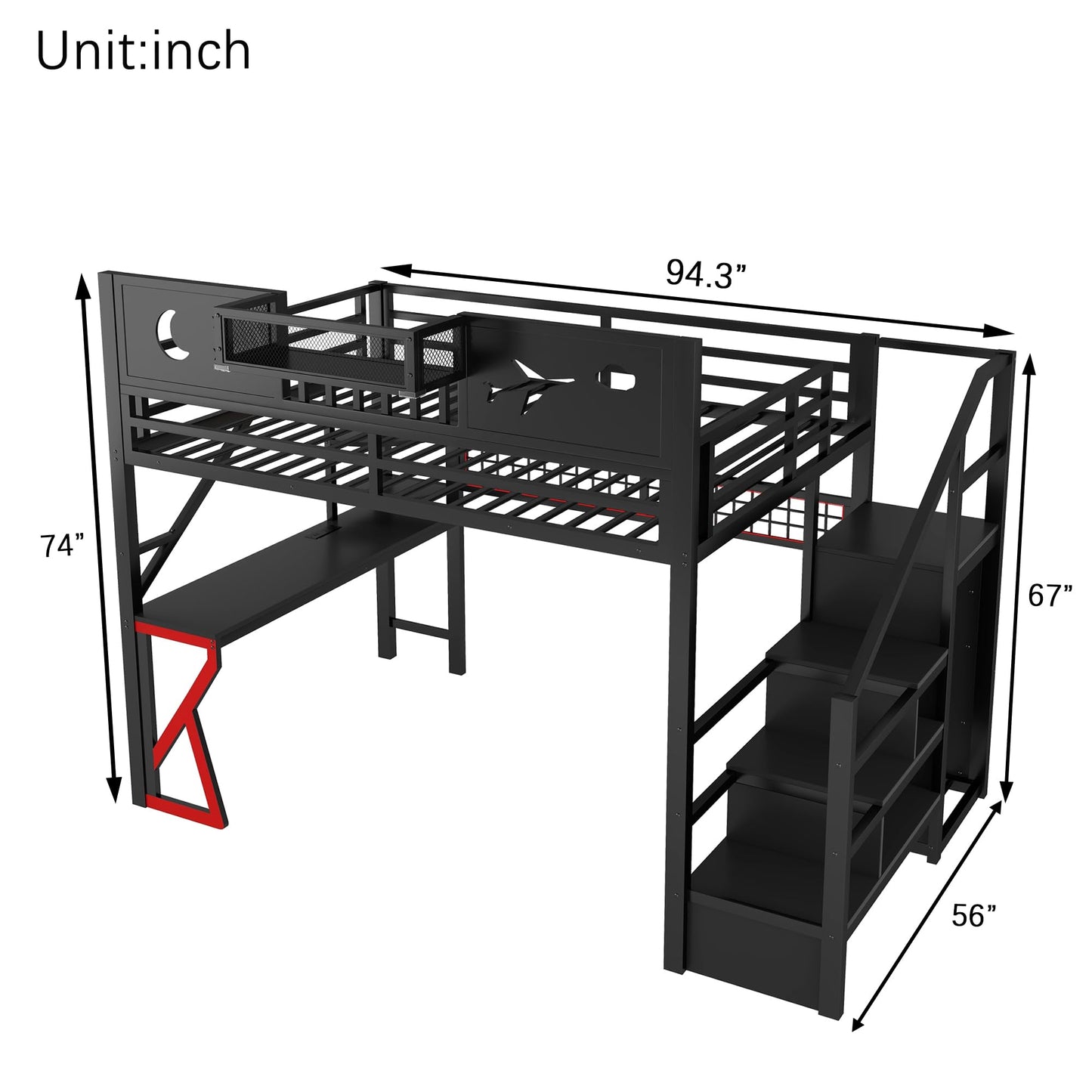 KEIKI Full Size Loft Bed with Storage Stairs, Wardrobe & Desk, Metal Loft Bed with Light, USB Ports, Guardrails, Storage Shelves, Space Saving Frame with High Guardrails for Kids Teens Adult, Black