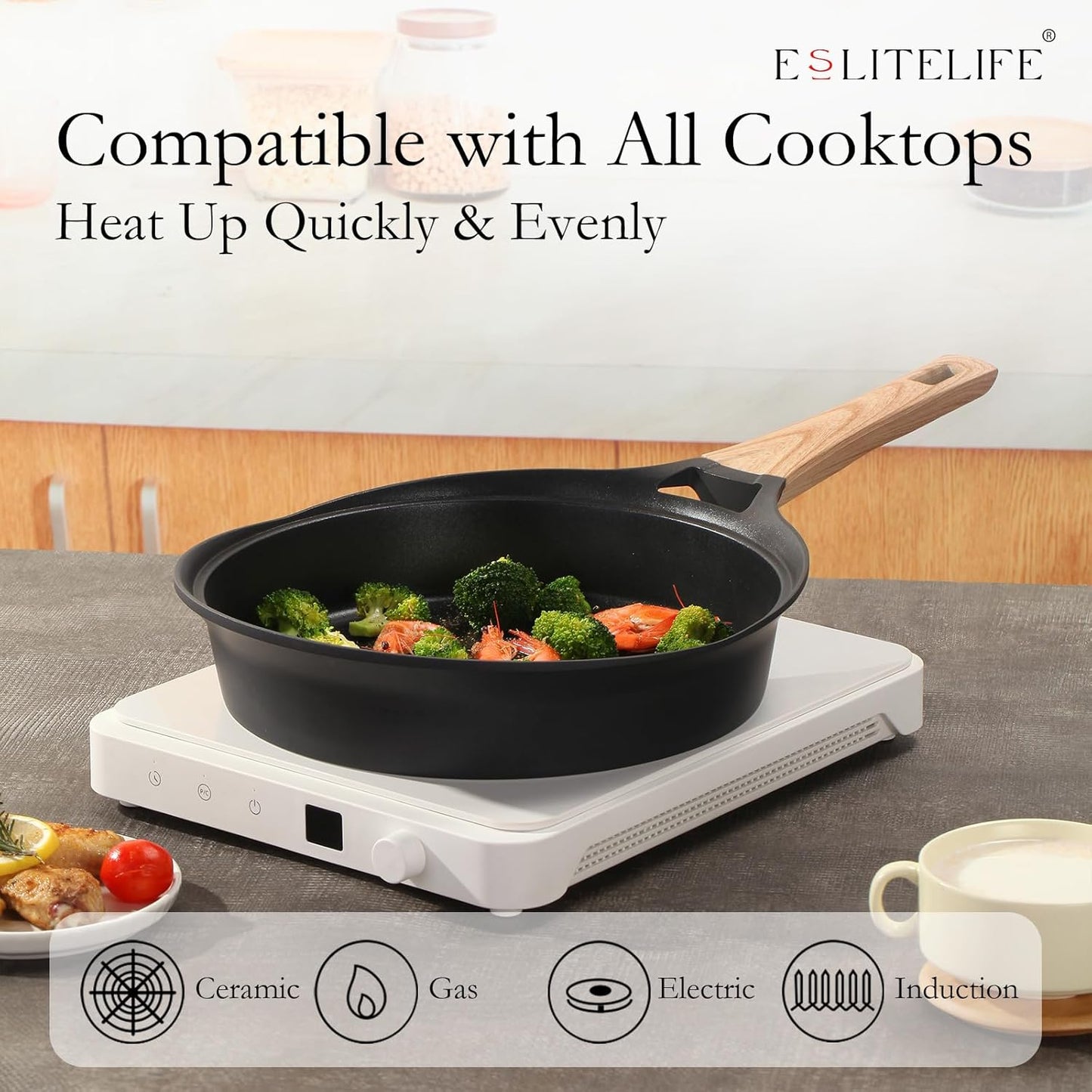 ESLITE LIFE Nonstick Deep Frying Pan Skillet with Lid, 9.5 Inch Healthy Granite Coating (Black)