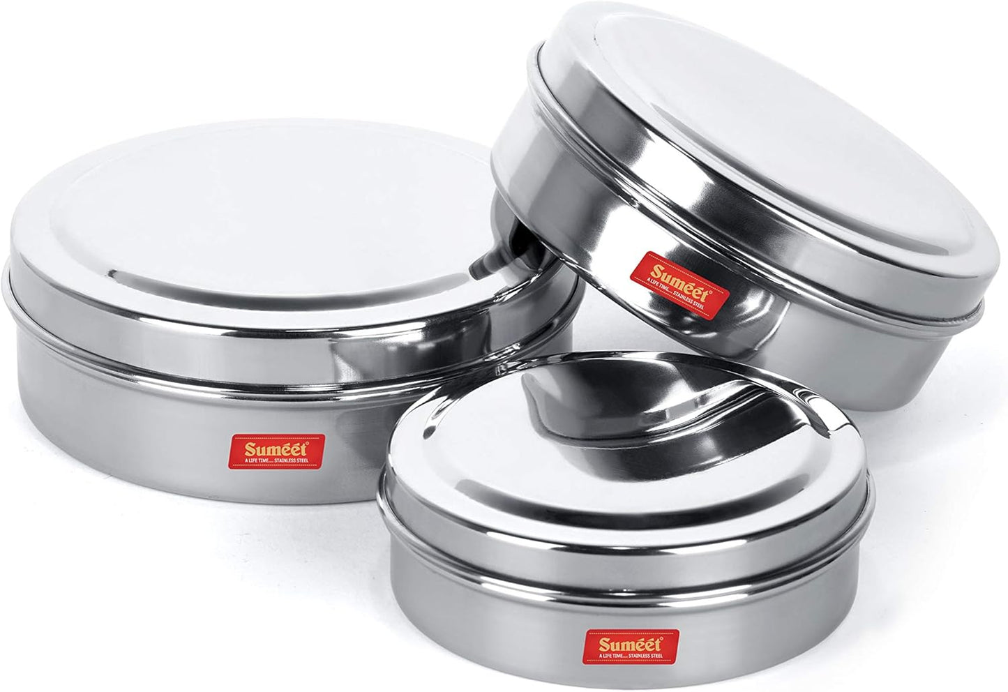 Sumeet Stainless Steel Chocolate Flat Slim Canisters - Puri Dabba/Storage Containers Set of 3Pcs Medium Set