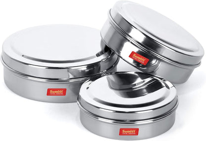 Sumeet Stainless Steel Chocolate Flat Slim Canisters - Puri Dabba/Storage Containers Set of 3Pcs Medium Set