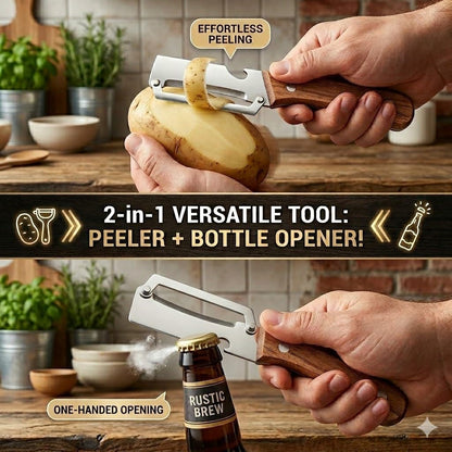 2 in 1 Multi Functional Vegetable Peeler with Bottle Opener and Wooden Handle Stainless Steel Blade Kitchen Tool for Sugar Cane Potato Fruit Pineapple Pumpkin Papaya Carrot Veggie Peeler - 2pc