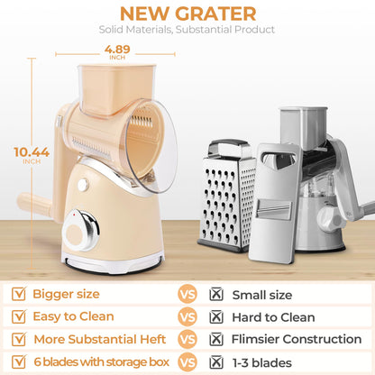 SUSTEAS Rotary Cheese Grater with Handle, Vegetable Slicer, 6 Interchangeable Blades, Reinforced Suction, Easy to Clean, Kitchen Shredder for Crushed Ice, Fruits, Nuts with Blade Storage Case, Beige