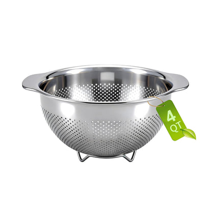QBGSFSYG 18/8 Stainless Steel Colander for Kitchen - Fine Mesh Strainer with Handle - Rice Strainer Fine Mesh for Vegetables, Fruits, Eggs, Noodles and Pasta, Collander, Dishwasher Safe (4QT)