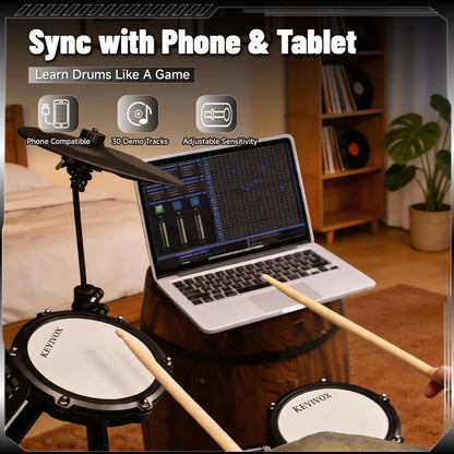 Electric Drum Set - Silent Electronic Drum Set Adult, Drum Kit for Beginners with 4 Mesh Drum Pads, 150 Sounds, 30 Songs, 15 Kits, USB MIDI, Headphones, Throne, Sticks, Pedals, MT20C, Black