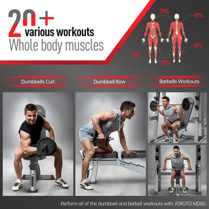 JOROTO Adjustable Weight Bench, 1300LBS Foldable Bench Press Bench of Home Gym Strength Training, Incline Decline Flat Utility Workout Bench with Wheels, Extended Backrest | Multiple Positions