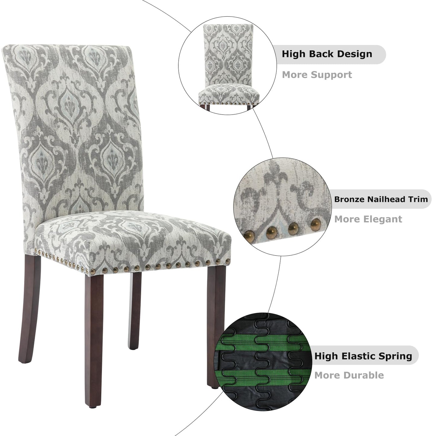 COLAMY Upholstered Parsons Dining Chairs Set of 6, Fabric Dining Room Kitchen Side Chair with Nailhead Trim and Wood Legs - Grey/White Flower