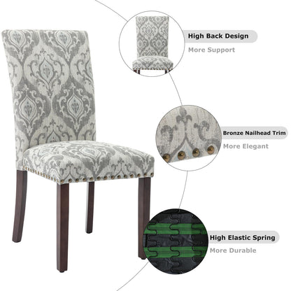 COLAMY Upholstered Parsons Dining Chairs Set of 6, Fabric Dining Room Kitchen Side Chair with Nailhead Trim and Wood Legs - Grey/White Flower