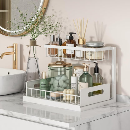 REALINN Under Sink Organizer, Pull Out Cabinet Organizer, 2 Tier Metal Slide Out Shelf with L Shaped Design, Under Cabinet Storage for Kitchen, Bathroom, Laundry, Deep Cabinet Shelf Storage, White