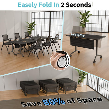 Folding Conference Room Tables with Wheel -Modern Large Modular Conference Table,Stackable Flip Top Training Meeting Table,Space Saving,for Seminar,Office,Classroom(Black A,47IN,2pack)