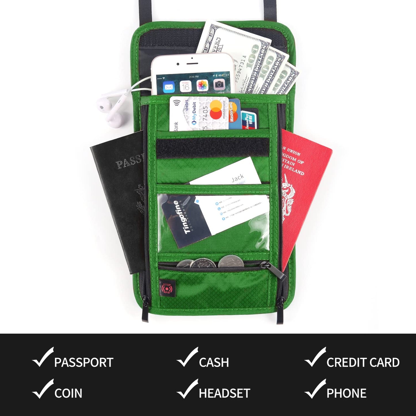 RFID Blocking Passport Holder Wallet with Neck Stash Pouch for Traveling Security Credit ID Card