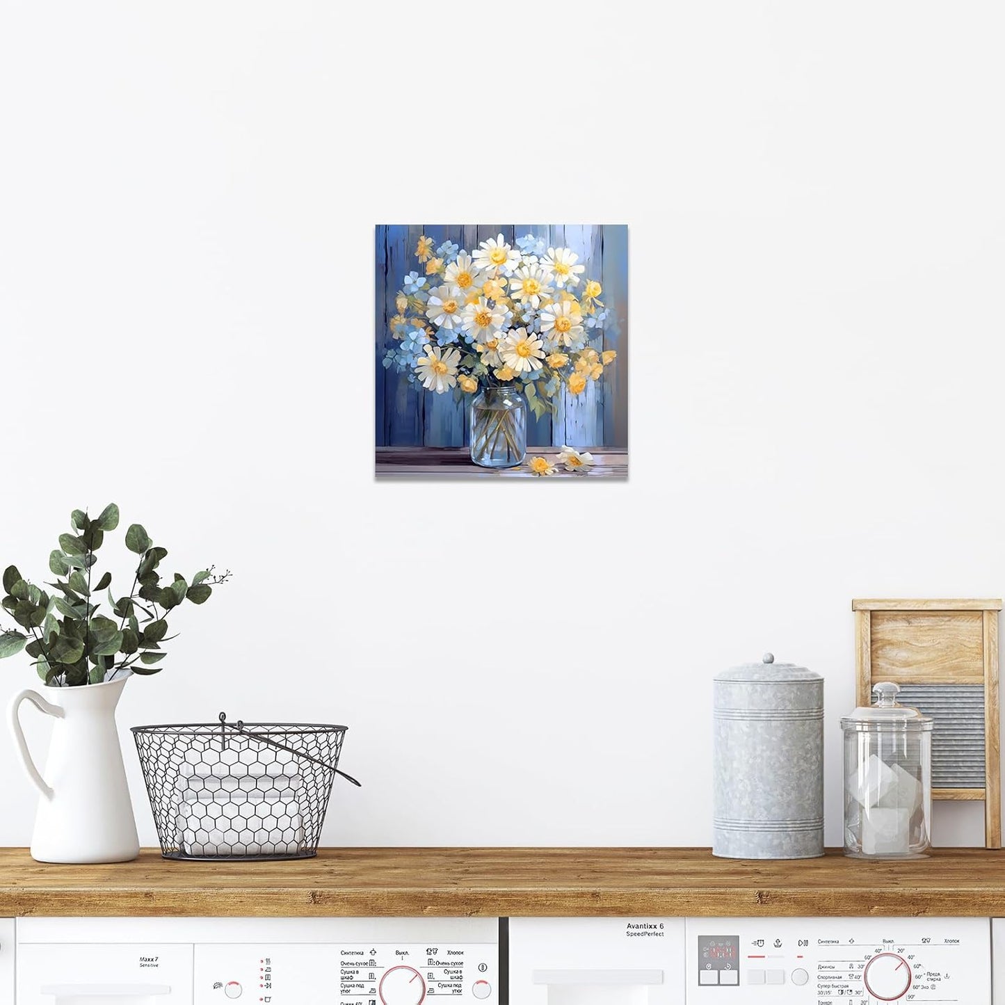 CCWACPP Bathroom Floral Wall Art, Daisy Yellow and White Flowers in Bottle Canvas Picture Print for Bedroom Decor