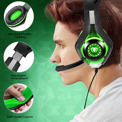 BlueFire Wired Gaming Headset for PS4 PS5 Xbox One PC – Over-Ear Headphones with Surround Sound, Noise Canceling Mic, Soft Memory Foam, LED Light, 3.5mm Jack for Console & Laptop (Green)