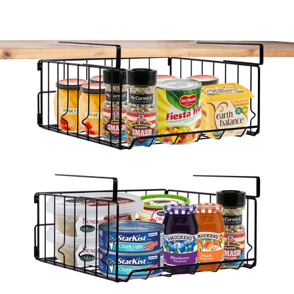 Under Shelf Storage Baskets, Foldable Carbon Steel Under Cabinet Basket for Kitchen Cabinets Pantries Bookshelves Desk, Space-Saving Storage Solution (Black, 2 Pack)