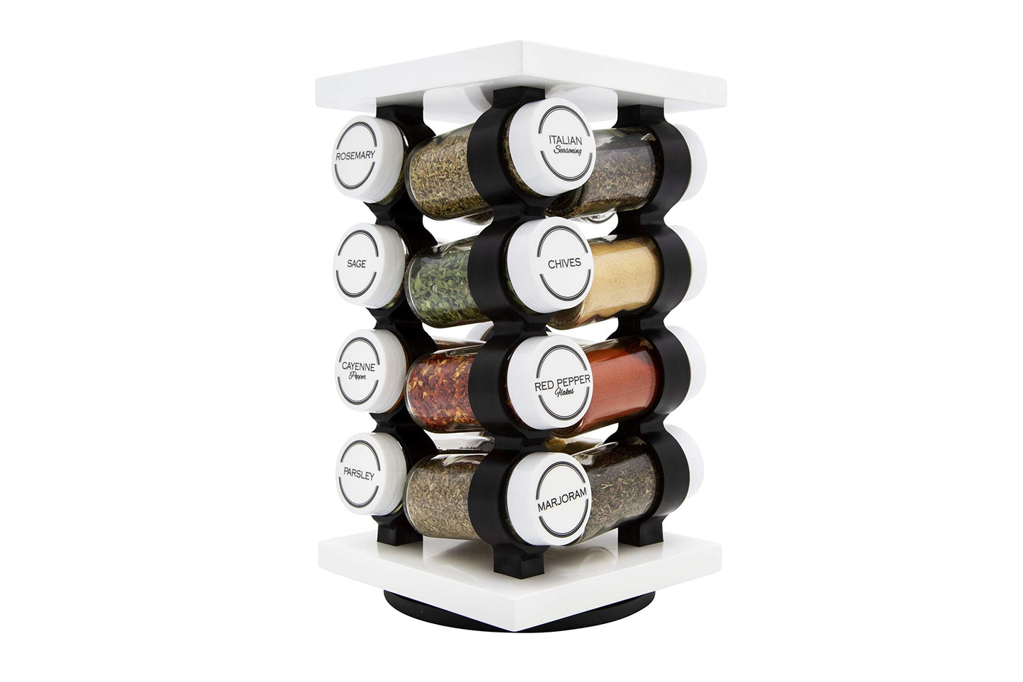 Orii 16 Jar Rotating White Spice Rack with Spices Included & 5-Year Spice Refill Program – Compact Countertop Spice Rack with Glass Jars