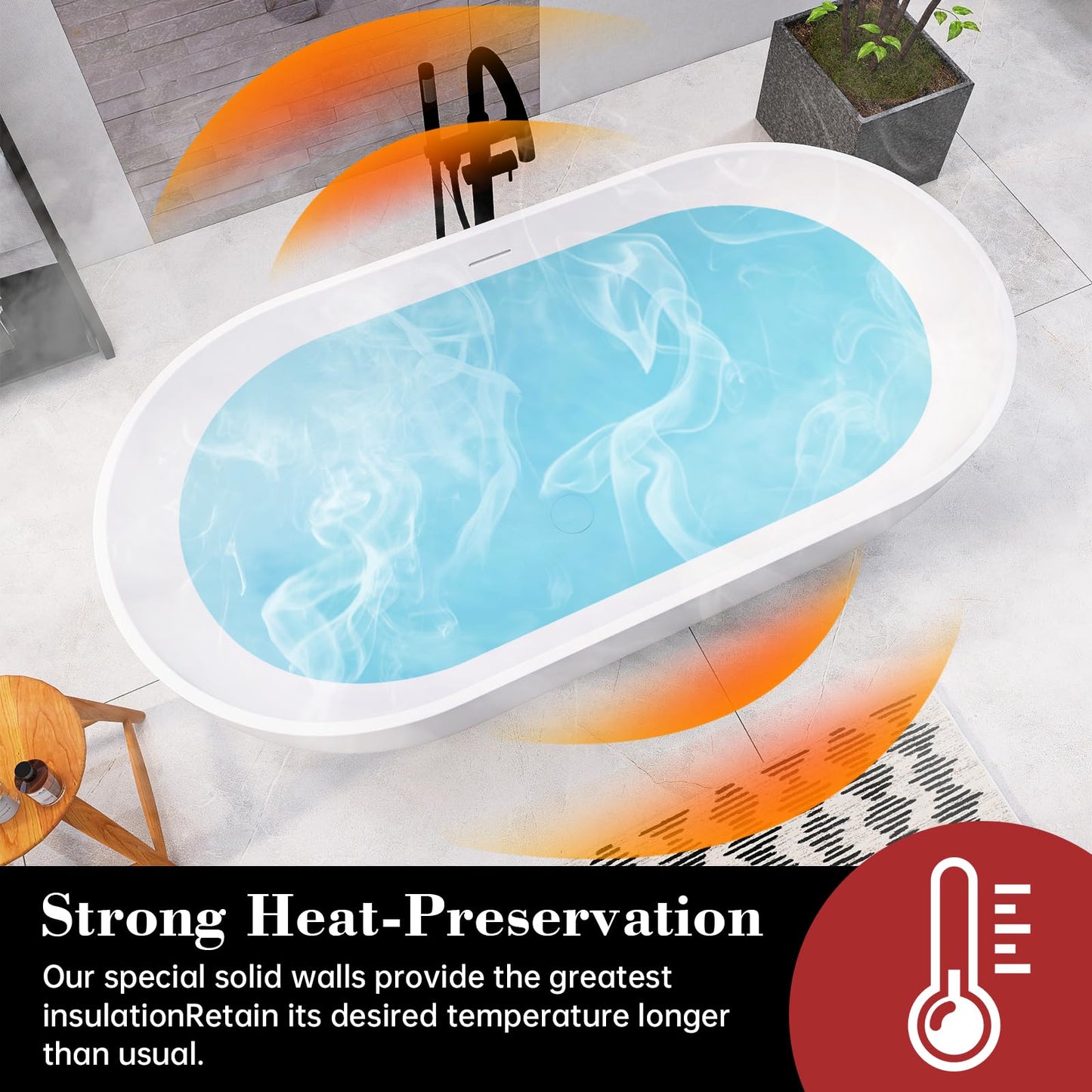 MEDUNJESS 59'' Freestanding Tubs Bathtub Bathroom Solid Surface Resin Stone Bathtubs soaker Tubs Oval Shaped Matte Luxury Modern Soaking Tub with Overflow and Pop-up Drain - White