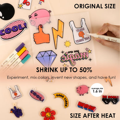 Grabie DIY Shrink Art Craft Kit Jewelry Making Kit for Kids Adults, 25+ Pre-Cut Shapes, 5 Dual-Tip Markers, Custom Charms, Pins, Rings, Keychains (Retro Vibes - Beginner Friendly)