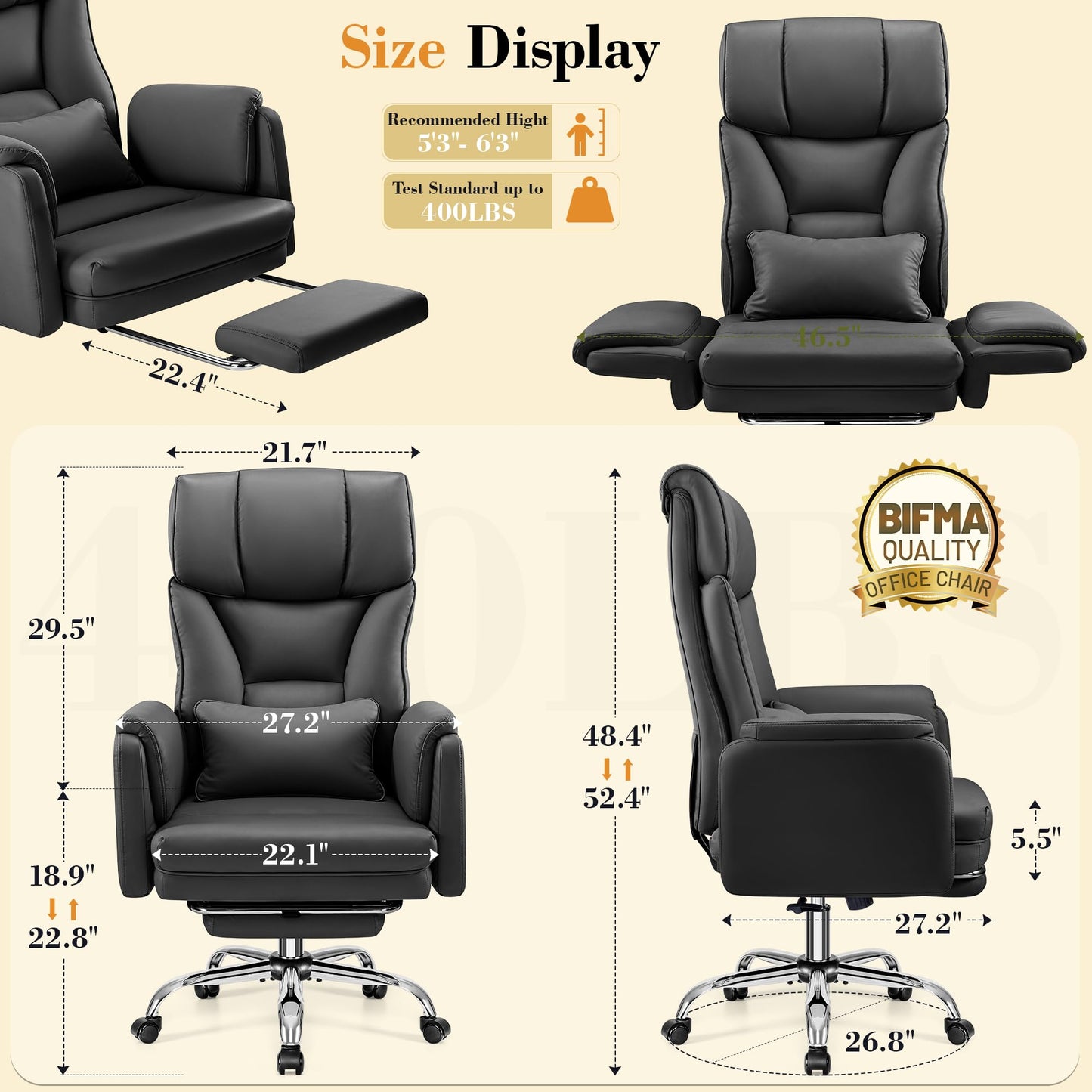 FelixKing Big and Tall Office Chair, 400LBS Wide Leather Executive Chair, Reversible Armrest for Pets Criss Cross Legged, 135° Reclining High Back Gaming Desk Chair with Lumbar Support Footrest, Black
