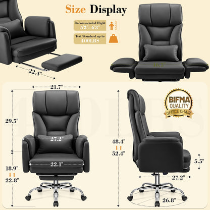 FelixKing Big and Tall Office Chair, 400LBS Wide Leather Executive Chair, Reversible Armrest for Pets Criss Cross Legged, 135° Reclining High Back Gaming Desk Chair with Lumbar Support Footrest, Black