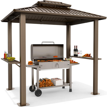 Hoteel 6x8 Hardtop Grill Gazebo, Outdoor Patio BBQ Gazebo with Galvanized Steel Double Roof, Hardtop Barbecue Canopy with 2 Side Shelves for Deck Lawn Backyard Garden,Brown
