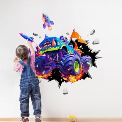 Supzone Monster Truck Wall Decals for Boys, 3D Racing Car Break Through The Wall Vinyl Wall Sticker for Kids Bedroom Nursery Playroom Classroom