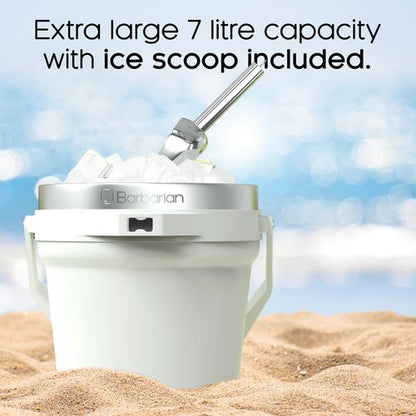 Barbarian Beverage Bucket, Double-Wall Vacuum Insulated Ice Bucket with Lid, Extra Large 7 Litre Capacity with Ice Scoop and Built-In Bottle Opener, White