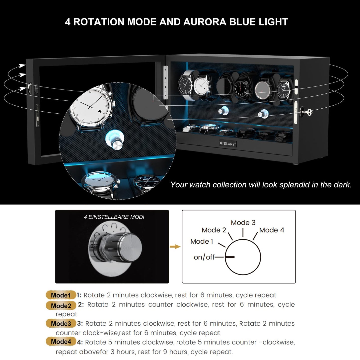 XTELARY Watch Winder for 6 Automatic Watches, Lockable Automatic Winders with Extra 6 Watch Storages, 4 Rotation Modes, Flexible Pillows, Quiet Mabuchi Motor, and Blue Backlight