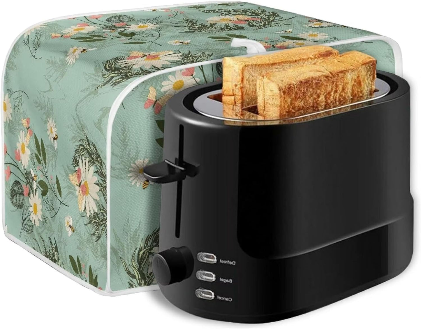 Toaster Dust Cover 4 Slice, Stain Resistant Kitchen Appliance Cover with Top Handle, Daisy Bee Leaf Blue