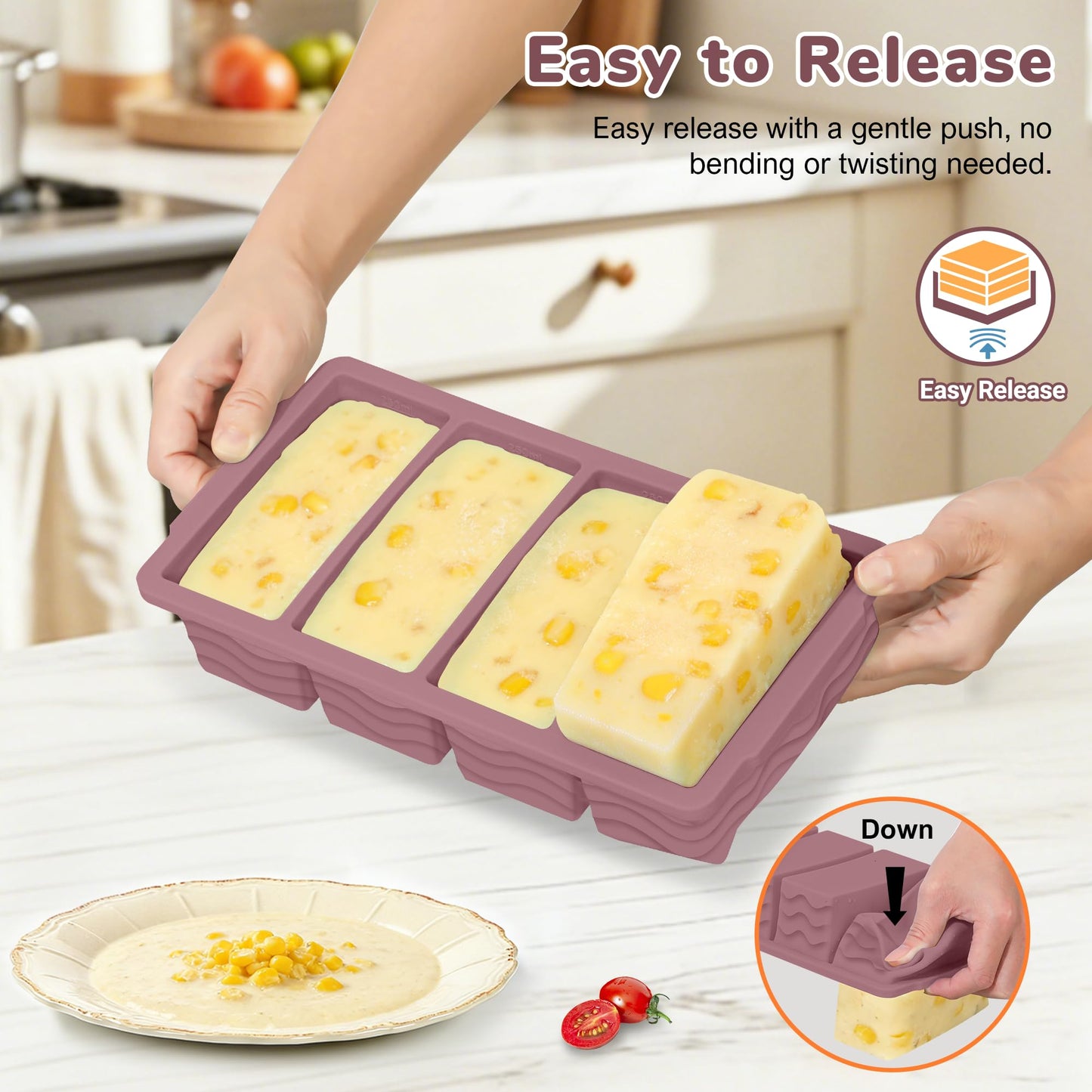 Silicone Freezer Trays with Lid (4-Pack), 1-Cup, 2-Cup, 1/2-Cup & 2-Tbsp Silicone Freezer Molds, Stackable Soup Freezer Meal Prep Containers,Ice Cube Tray for Making Sauce,Smoothies,Yogurt Bites