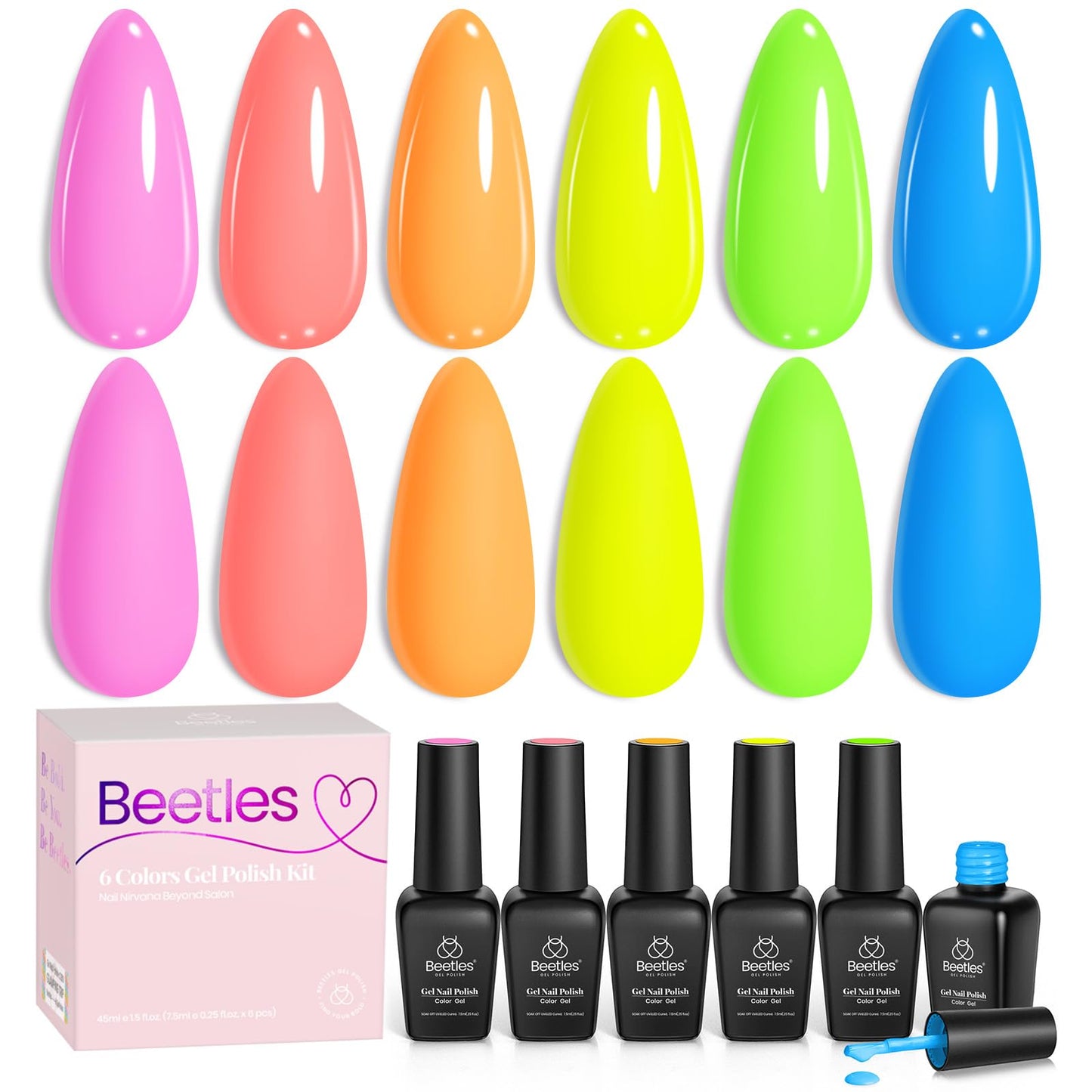Beetles Cat Eye Gel Nail Polish Set, 6 Summer Colors Pastel Shimmer Glitter Gel Polish Kit Soak Off LED UV Curing Requires Pink Red Blue Orange Green Purple Velvet Gel with Magnet Gift for Women
