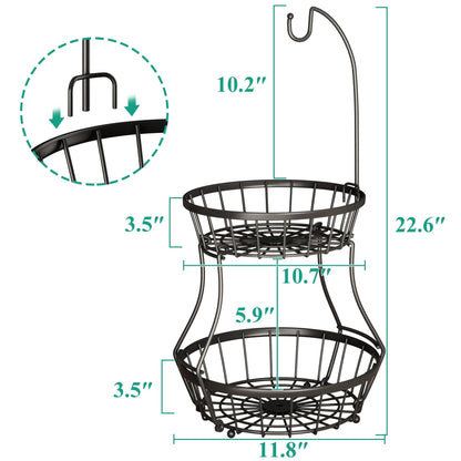 SAYZH 2-Tier Fruit Basket Bowl Stackable Vegetable Storage with Banana Tree Hanger Stand for Kitchen Countertop, Metal Wire Basket for Bread Onions Potatoes Black