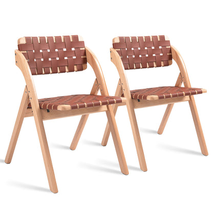 HOMEFUN Folding Dining Chairs Set of 2, Wooden Foldable Chair with Leather-Woven Backrest and Widened Seat Extra for Guests Kitchen Office Wedding Picnic Brown