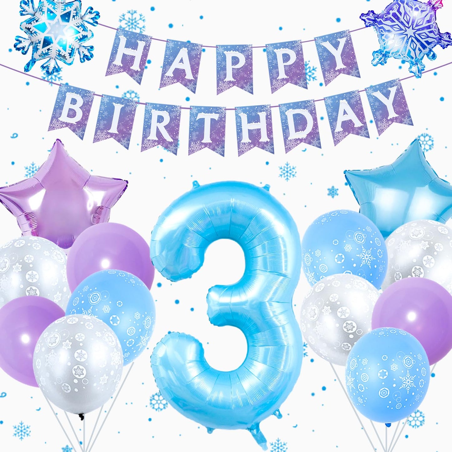 Frozen Birthday Party Decorations, with 40 Inch Blue Number 3 Balloon, Frozen Birthday Banner and Foil Snowflake Balloons for 3rd Party Decor Supplies