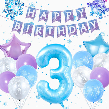 Frozen Birthday Party Decorations, with 40 Inch Blue Number 3 Balloon, Frozen Birthday Banner and Foil Snowflake Balloons for 3rd Party Decor Supplies