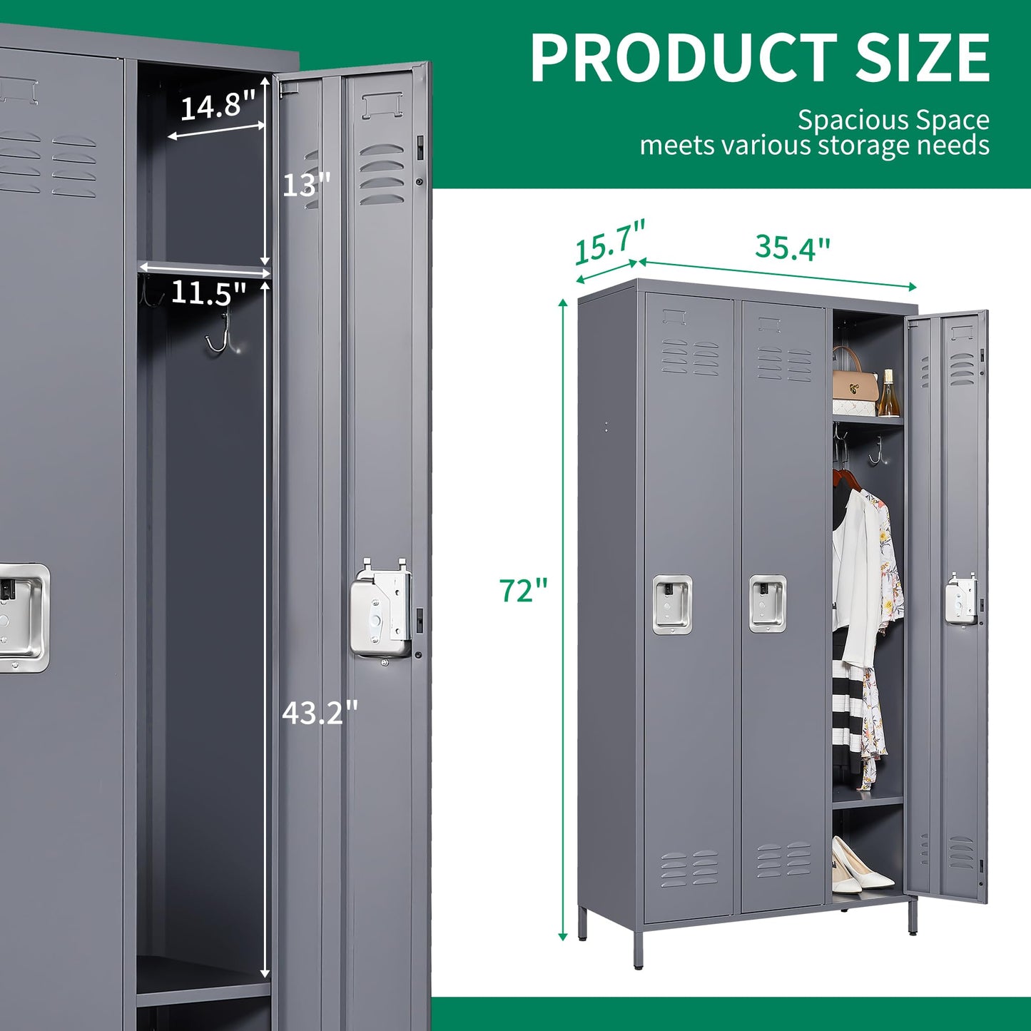 IKIMI Metal Locker 3 Doors Storage Lockers for Employee,72" Tall Locker Cabinet with Shelves and Hooks Steel Sports Staff Locker for Office School Office Gym Home Bedroom Garage