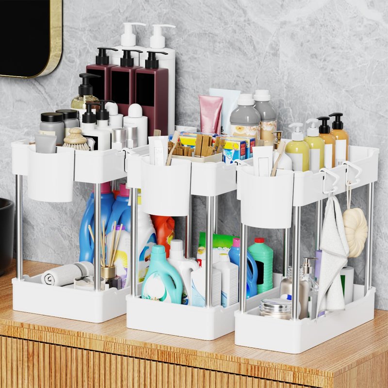 JYSMYWS 3 Pack Under Sink Organizers and Storage, 2 Tier Bathroom Cabinet Organizer Shelf with Hanging Cups for Kitchen & Bathroom (White)