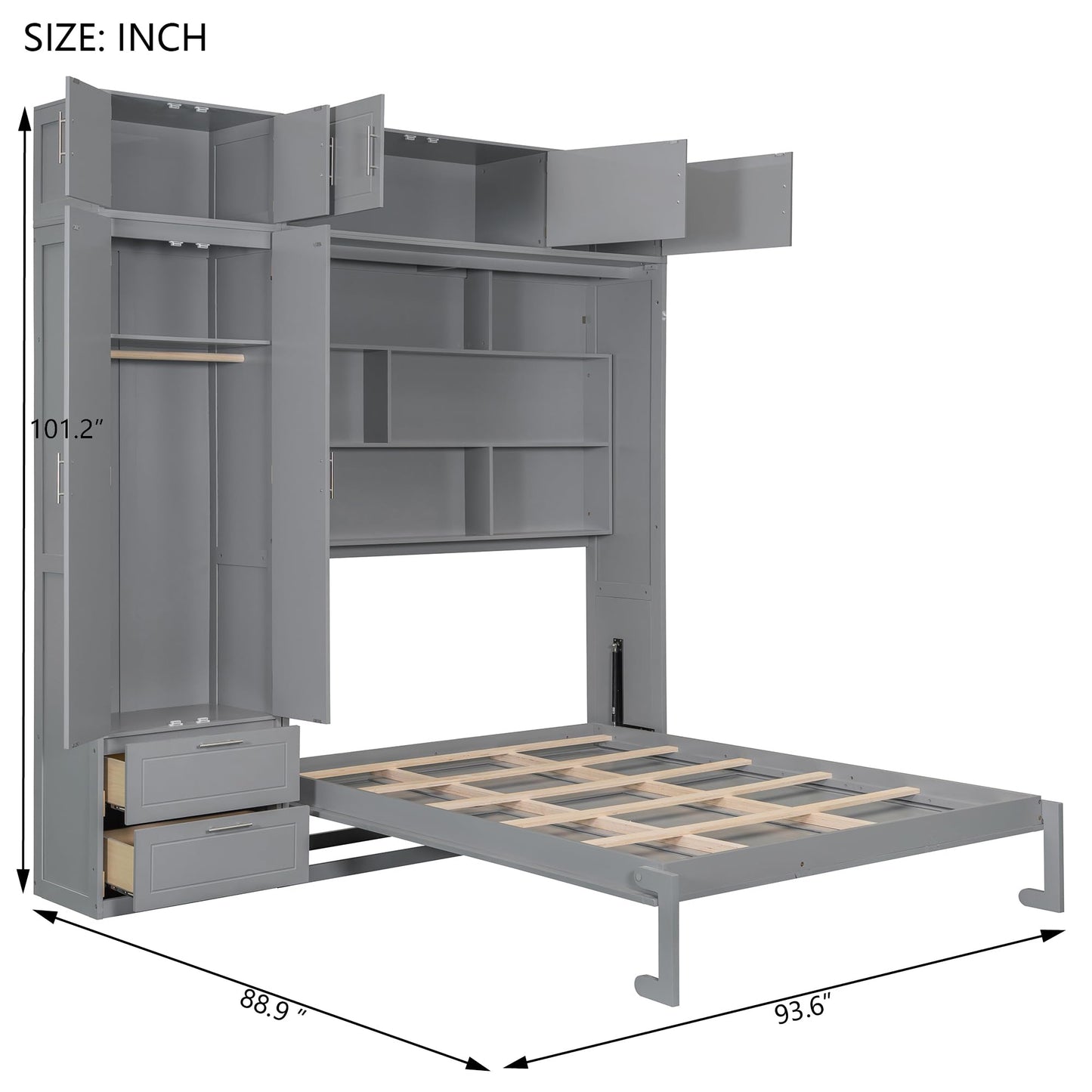 Merax Queen Size Murphy Bed with Shelves, Top Cabinet and Wardrobe, Fold into The Wall, Multifunctional Foldable Platform Bed Frame for Bedroom, Guest Room, Home Office, Space-Saving Design, Gray
