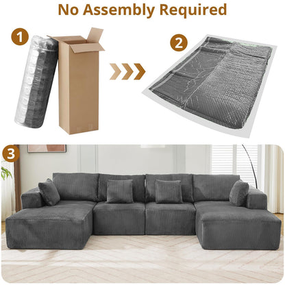 137" Oversized Cloud Boneless Sofa Couch with Chaise, Modern Corduroy u Shaped Modular Sectional Sofa with Deep Seat, No Assembly Required, Convertible Compression Sleeper Sofa for Living Room