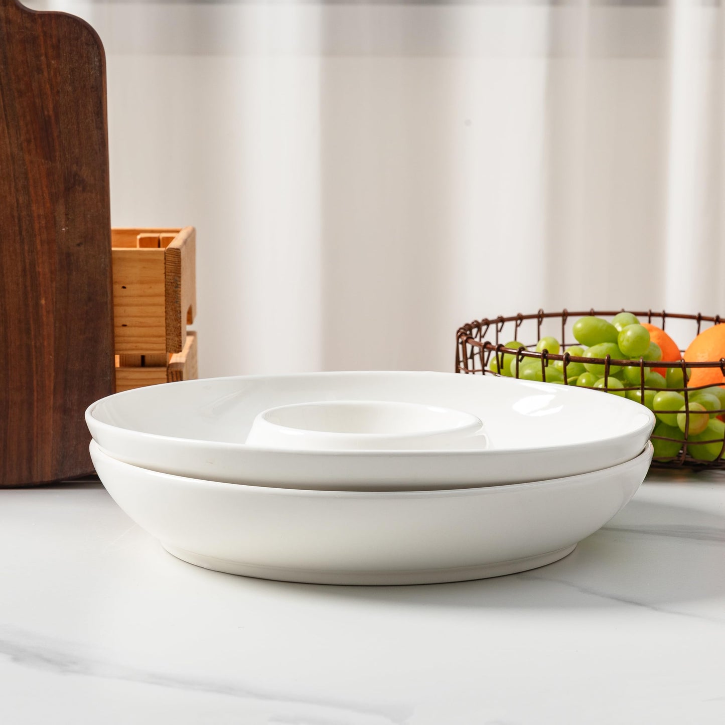 LEHAHA Ceramic Chip and Dip Serving Set, 12 Inch Large porcelain Divided Bowls Set for Salsa, Veggies, Dip, Appetizers, Snacks, Candy, Fruits-Relish Trays for Parties and Entertaining, White