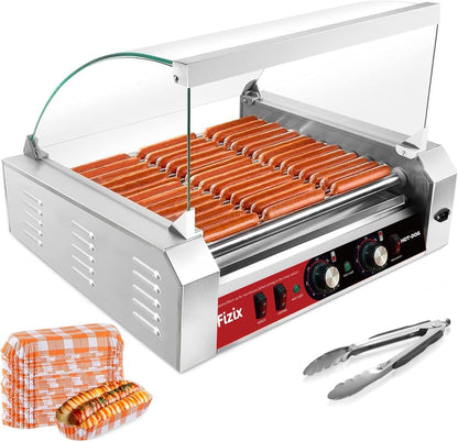 1670W Hot Dog Roller Grill with 11 Rollers, 30 Hot Dog Capacity, Dual Temp Control, Stainless Steel, Dust Cover, LED Light,Commercial & Home Use (Red-Black)