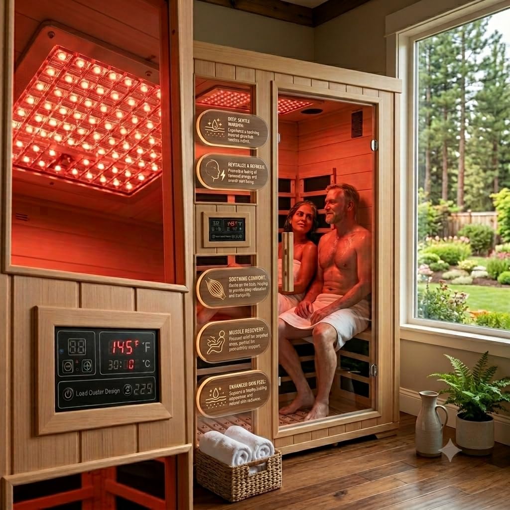 2 Person Indoor Home Infrared Sauna Room for Home Gym, Canadian Hemlock Wood, 616 * 220mm Red Light Beauty System, Fast Heating to 140°F, 110V/1800W, Bluetooth MP3, Gift for Family