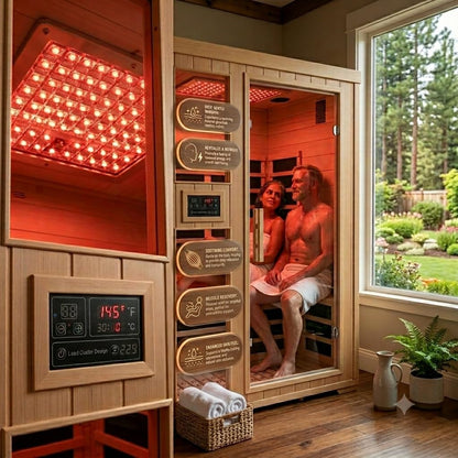 2 Person Indoor Home Infrared Sauna Room for Home Gym, Canadian Hemlock Wood, 616 * 220mm Red Light Beauty System, Fast Heating to 140°F, 110V/1800W, Bluetooth MP3, Gift for Family