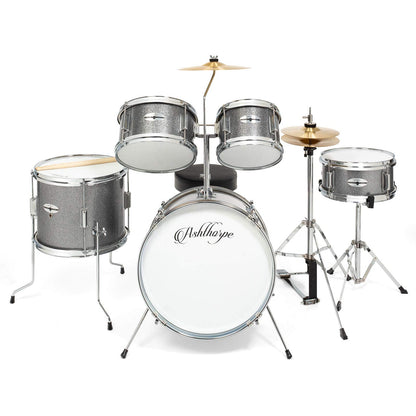Ashthorpe 5-Piece Complete Junior Drum Set with Genuine Brass Cymbals - Advanced Beginner Kit with 16" Bass, Adjustable Throne, Cymbals, Hi-Hats, Pedals & Drumsticks - Silver