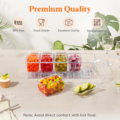 Lifewit Ice Chilled Condiment Caddy with 5x 20 oz Containers, Condiment Server with Lid & Metal Accessories, Serving Tray Platter with Removable Dishes for Bar, Fruit, Salad, Taco, Party Garnish